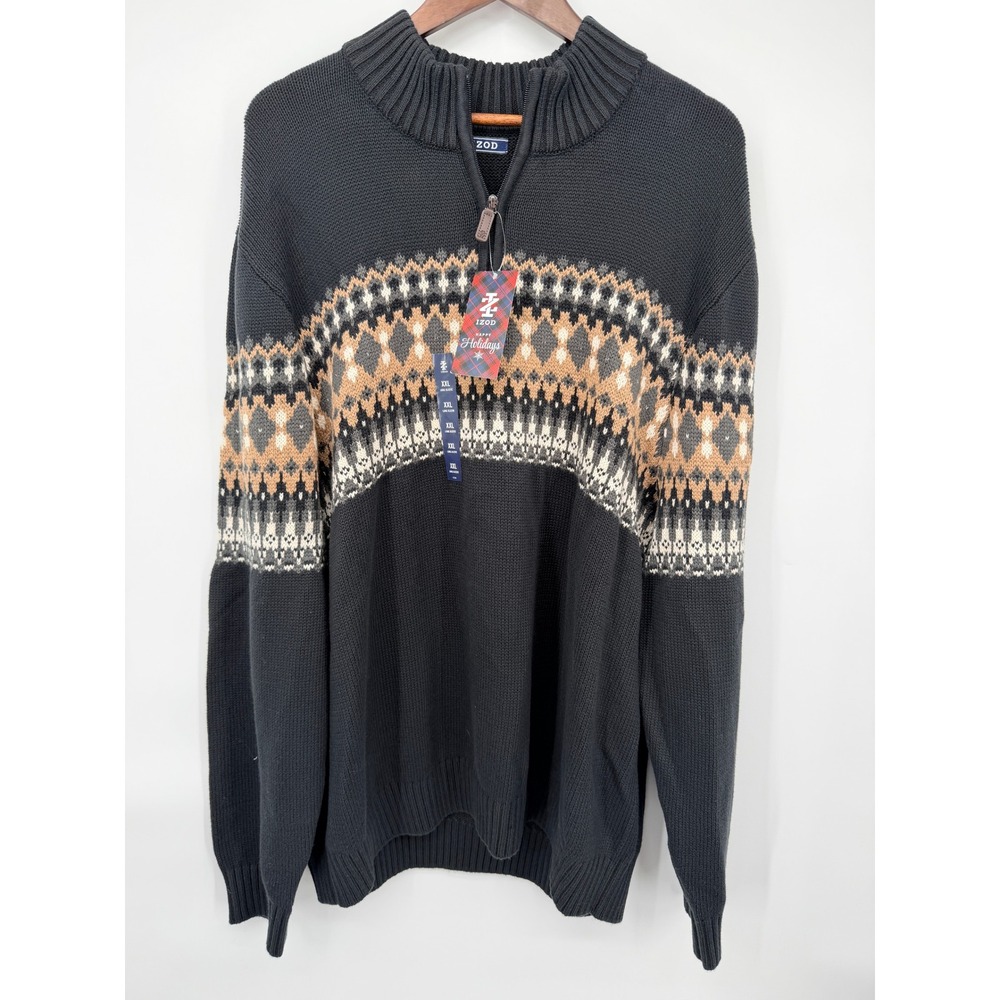 IZOD Quarter Zip Sweater Mens XXL Black New NWT Fair Isle Cotton Blend Pullover